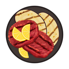 Grilled Food with Patty Meat Rested on Plate with Sliced Eggplant Vector Illustration