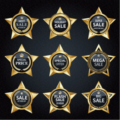 Naklejka premium 金色の星と円形フレームのラベルベクターセット