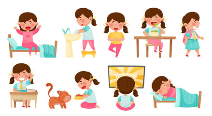 Cute Girl Character Going to School with Backpack and Eating Broccoli Vector Illustrations Set