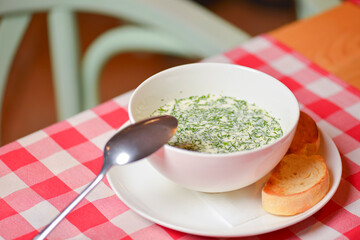 Okroshka. Summer light cold yogurt soup with cucumber, radish, eggs and dill in a bowl. Dinner in restaurant.