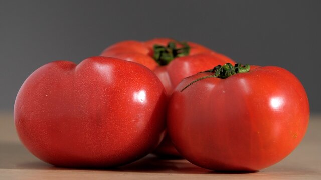 lot of ripe fresh juicy tomatoes lie on the table for a delicious salad. Red tomato is lying on a wooden board, on a gray background. Healthy vegetarian lifestyle concept. Close-up fresh vegetables