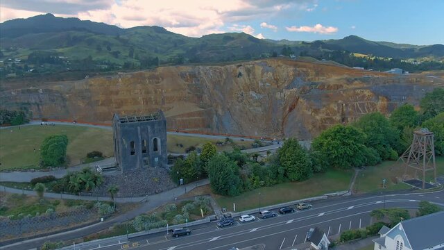 Aerial View Over Martha Open Pit Gold Mine & The Cornish Pumphouse. Waihi, Coromandel Peninsula, New Zealand