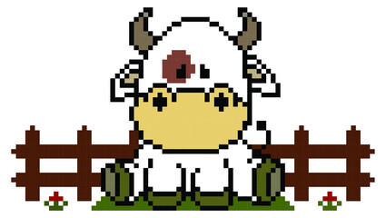 Cow pixel art on white background.