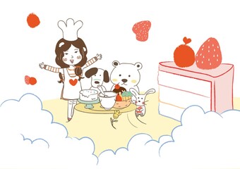 girl baking cake with dog and bear