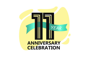 11 year anniversary, minimalist logo. jubilee, greeting card. Birthday invitation. year sign. Blue Ribbon space vector illustration on white background - Vector