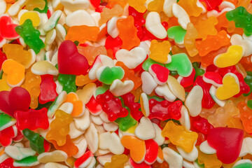 Assorted gummy candies. Top view. Jelly  sweets.