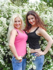 Young simple European girls students, lifestyle teeagers. Portrait girls from small town