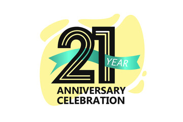 21 year anniversary, minimalist logo. jubilee, greeting card. Birthday invitation. year sign. Blue Ribbon space vector illustration on white background - Vector