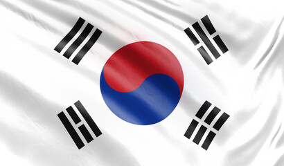 Banner. 3d illustration. Realistic flag. South Korea flag blowing in the wind. Background silk texture.