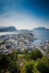 Alessund city consists of islands, aerial view. Beautiful city in Norway. Sea port