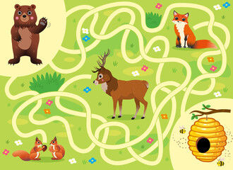 Help the bear find the way to the hive with honey. Color cartoon maze or labyrinth game for preschool children. Puzzle. Tangled road. Forest animals for kids