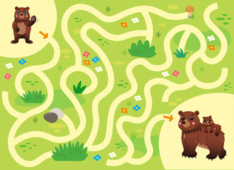 Help the little lost bear find the way to his mom. Color cartoon maze or labyrinth game for preschool children. Puzzle. Tangled road. Forest animals for kids