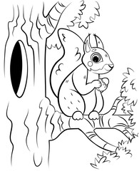 Coloring page outline of cute cartoon hare watching butterflies. Vector image with forest background. Coloring book of forest wild animals for kids