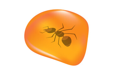 Insects in a drop of amber isolated on white background. Ancient amber midge inclusion. Piece of amber with a ant inside. Stone with a prehistoric insect. Fossilised tree resin. Stock vector