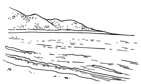 Seaside landscape with mountains. Hand drawn vector sketch ink illustration. Black on white background