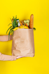 Girl or woman holds a paper bag filled with groceries such as fruits, vegetables, milk, yogurt, eggs isolated on yellow.