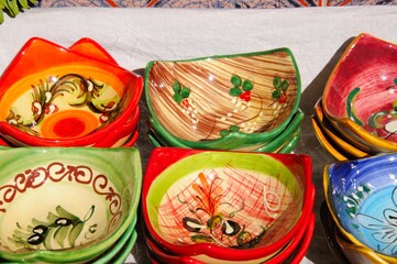 Pretty ceramic dishes displayed outside a shop, Mijas, Spain.