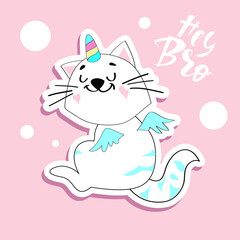 Funny cat unicorn and the inscription hey bro on a pink background. Birthday card