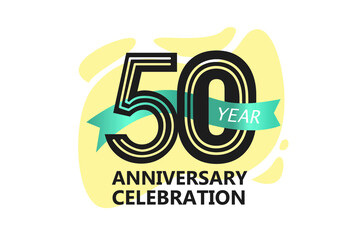 50 year anniversary, minimalist logo. jubilee, greeting card. Birthday invitation. year sign. Blue Ribbon space vector illustration on white background - Vector