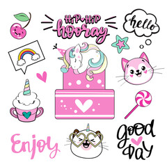 Funny unicorn, cat unicorn and birthday cake kawaii stickers. Vector flat style illustration on a white background isolated