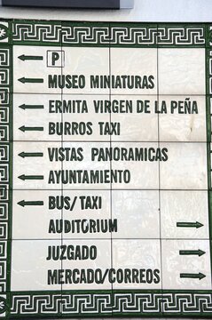 Ceramic information sign for tourism attractions in the village centre, Mijas, Spain.