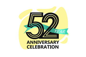 52 year anniversary, minimalist logo. jubilee, greeting card. Birthday invitation. year sign. Blue Ribbon space vector illustration on white background - Vector