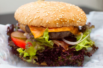 Close up photo of homemade hamburger with fresh vegetables, melted cheese on white paper. Food delivery, restaurant, cafe illustration.