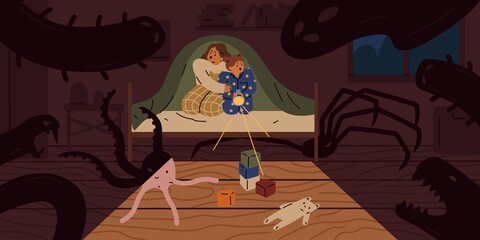 Scared children sit on bed under blanket with flashlight vector flat illustration. Little girls afraid shadow of imaginary ghosts and monsters in bedroom. Concept of kids night nightmare and fears © Good Studio