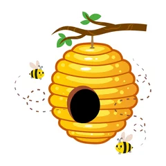 Fotobehang Yellow honey hive with cute bees hanging on a tree branch vector image. Cartoon illustration isolated on white background © Elena