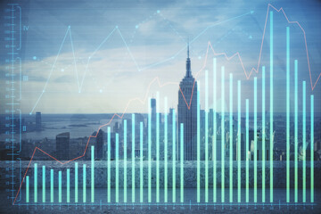Forex graph on city view with skyscrapers background multi exposure. Financial analysis concept.
