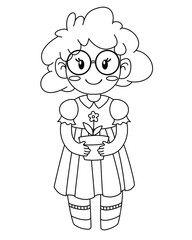Cute girl with a flower in a pot in cartoon style. Vector outline illustration isolated on a white background. Element for coloring page, print, greeting and invitation card.
