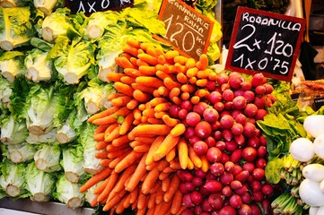 Fresh fruit and vegetable stall in the indoor market, Malaga, Spain.