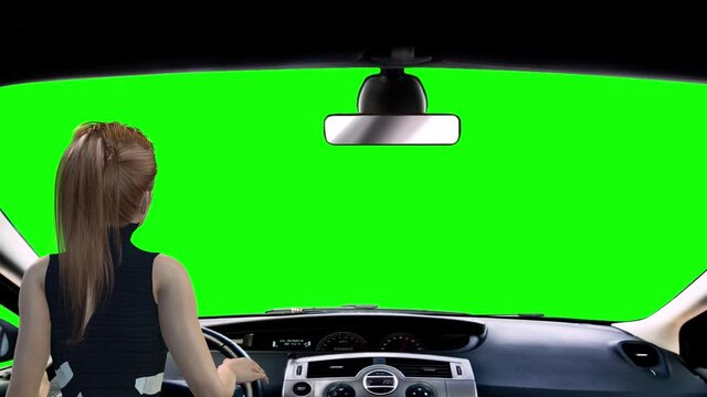 4k animation of a young avatar woman driving a car with a green screen windscreen for adding own road view or video layer.