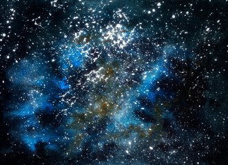 Space hand drawn watercolor background texture. Abstract deep blue gold galaxy with star splash painting. 