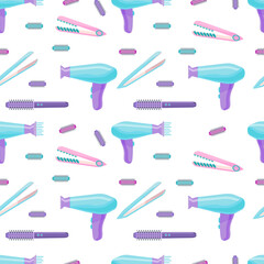 Pattern of hair styling products on a white background.Seamless pattern from a hairdryer, curlers, Curling iron, hairbrushes. Haircare accessories.Devices for female.Vector illustration in flat style.