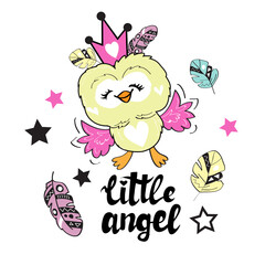 Beautiful yellow owl girl with a crown and the inscription little angel on a white background for children. Vector illustration isolated