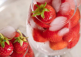 Strawberry Drink glass white background cocktail ice tropical leaves