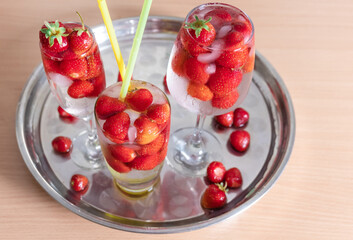 Strawberry Drink glass white background cocktail ice tropical leaves