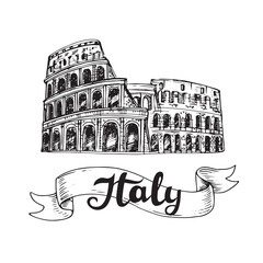 Hand drawn sketch illustration with the sights of Italy on a white background. Travels item