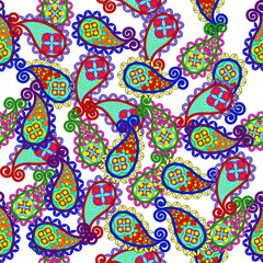 Turkish cucumber pattern with multicolored circles, triangles, and shapes on a white background