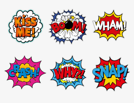 Collection of six multicolored comic sound Effects.