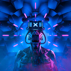 Cyberpunk dreams reloaded / 3D illustration of metallic science fiction male humanoid cyborg inside neon lit computer core © grandeduc