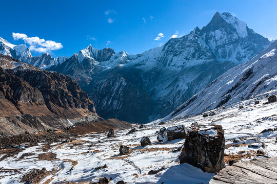 Annapurna Base Camp View Of Machapuchre Mountain Nepal Himalayas