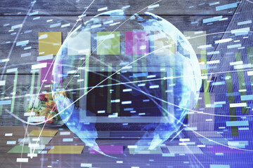 Double exposure of business theme icons and work space with computer background. Concept of success.