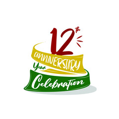 12 year anniversary Red, Yellow, Green Ribbon, minimalist logo, greeting card. Birthday invitation. space vector illustration on yellow background - Vector