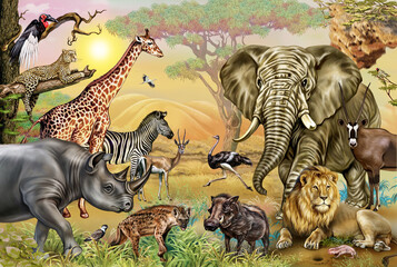 African savannah animals - obrazy, fototapety, plakaty