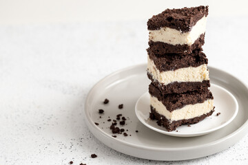 Royal cheesecake with with chocolate crumbs. homemade cottage cheese dessert with chocolate dough
