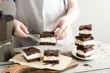 Royal cheesecake with with chocolate crumbs. homemade cottage cheese dessert with chocolate dough