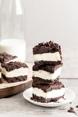 Royal cheesecake with with chocolate crumbs. homemade cottage cheese dessert with chocolate dough