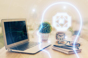 Double exposure of desktop computer and human brain drawing hologram. Ai concept.